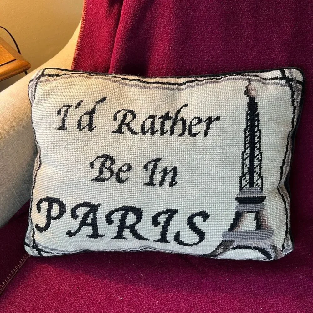 VTG Paris Needlepoint Pillow Eiffel Tower Velvet Back French Cottage Decor